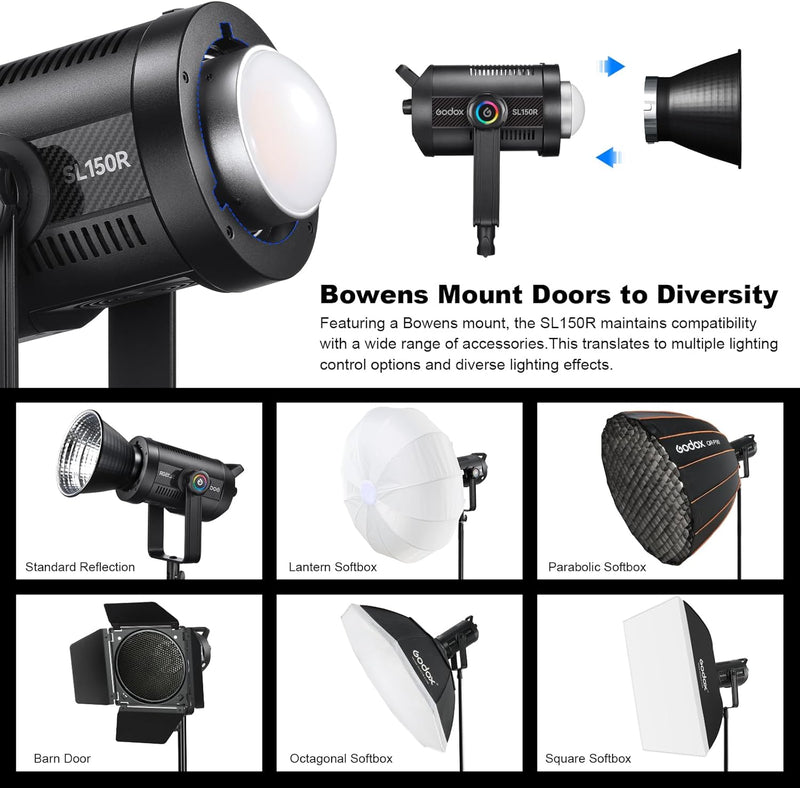 Godox SL150R 165W RGB LED Video Light 5600K@1m CRI≥96,TLCI≥96 14 FX Bowens Mount Silent Continuous Output Lighting APP/2.4G Control 360° Full 60 Gels for Video Recording Photography