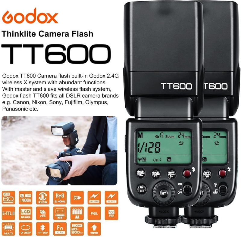 Godox TT600 2.4G Wireless Flash Speedlite Master/Slave Flash with Built-in Trigger System Compatible for Canon Nikon Pentax Olympus Fujifilm Panasonic (TT600)