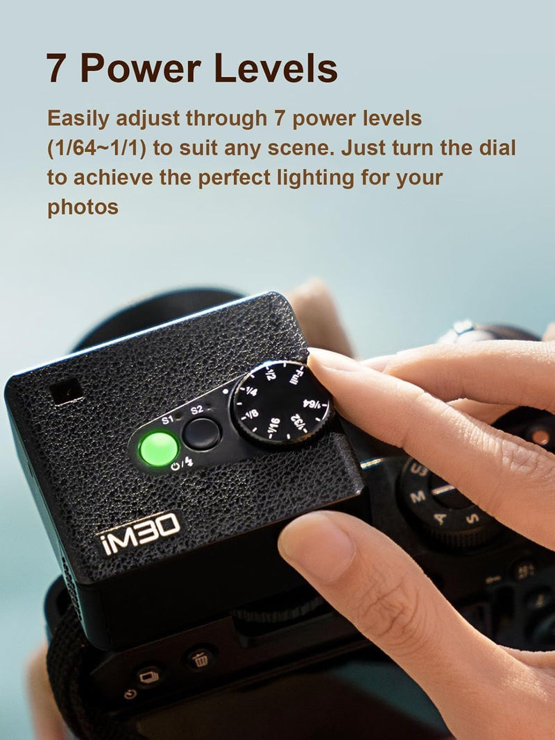 Godox Flash Godox iM30 Mini Flash - Camera Flash GN 15, 7 Power Levels, IM 30 Mini Manual Flash for Canon/Sony zv1/Sony zve10 /Ricoh gr3/Nikon/Fuji f1-230 Full-Power Flashes/6500K±200K/3.6S Recycle