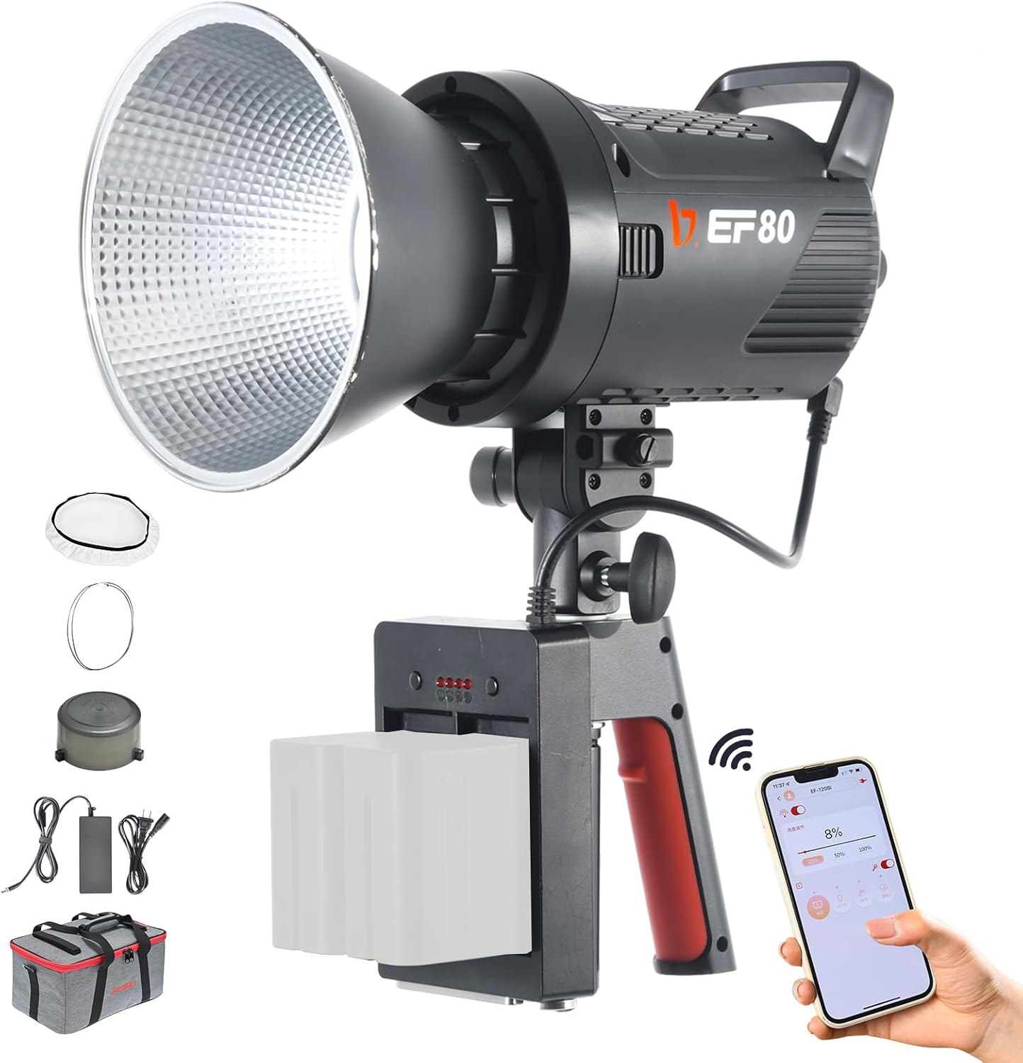 JINBEI EF-80BI 80W COB Bi-Color LED Video Light, Bi-Color 2700K-6500K Continuous Light Bowens Mount Handheld Spotlight, CRI97+/TLCI98+, 9 Lighting Effects, Bluetooth APP Control