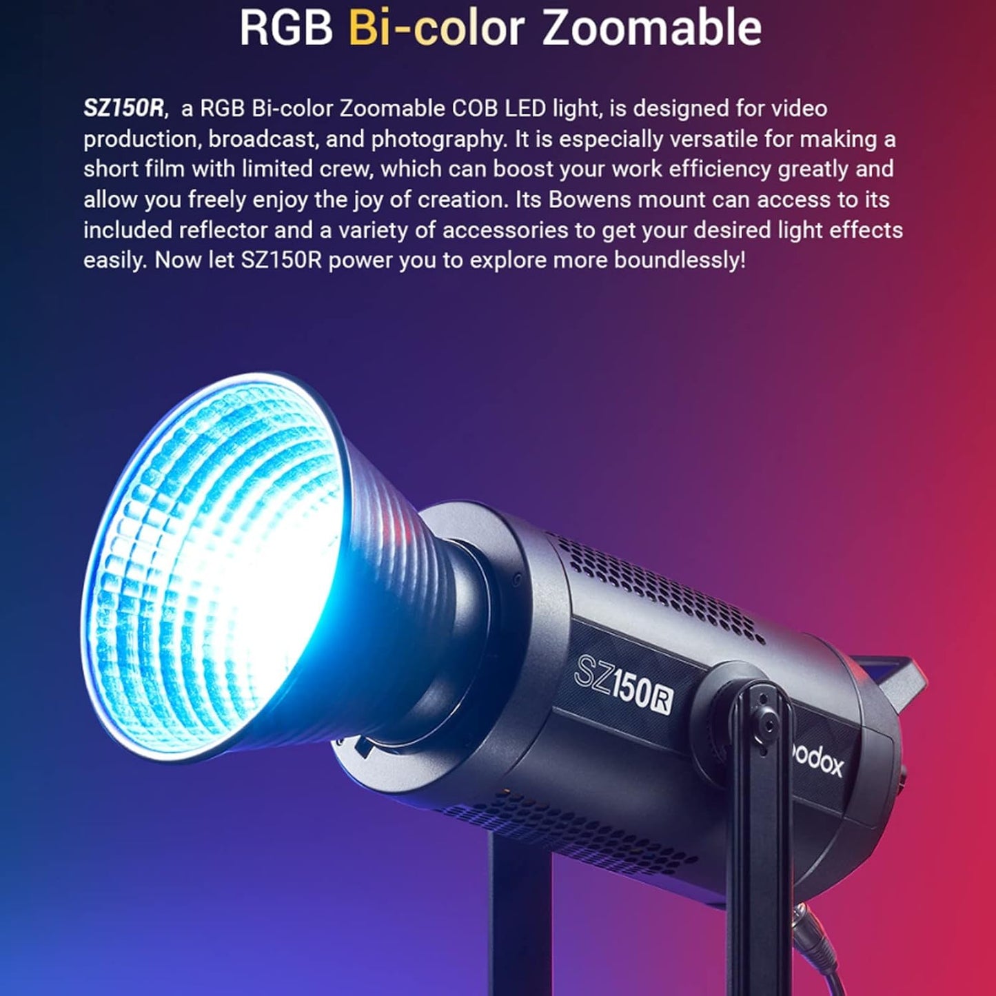 Godox SZ150R Zoom RGB Video Light, 150W LED Light CCT 2800-6500K, 37 Lighting Effects CRI 97 TLCI 96 APP Control/DMX Control Bowens Mount Light for Interview Video Shooting,Streaming