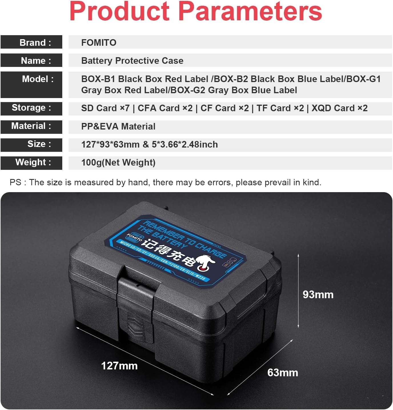 FOMITO Camera Battery Case & Memory Card Organizer - Holds 7 SD Cards 2 CFast 2 CF 2 Micro SD 2 XQD - Water-Resistant Shockproof Hard Shell Storage Box (Black Blue)