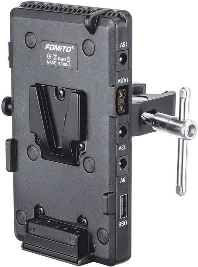 Fomito V-Lock V Mount Battery Adapter Plate with Super Clamp for Lighting Stand,Tripod, Support Rod, with D-TAP/DC/USB Power Output for Camcorder, DSLR Camera, LED Video Light, Monitor, Microphone