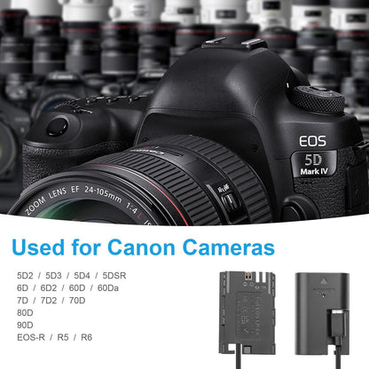 FOMITO-LP-E6 Dummy Battery Decoded LP-E6 Battery Replacement with Type-C Spring Power Adapter Cable for Canon 5D2 5D3 5D4 5DSR 6D 6D2 60D 60Da 7D 7D2 70D 80D 90D EOS-R R5 R6 Cameras-F0077