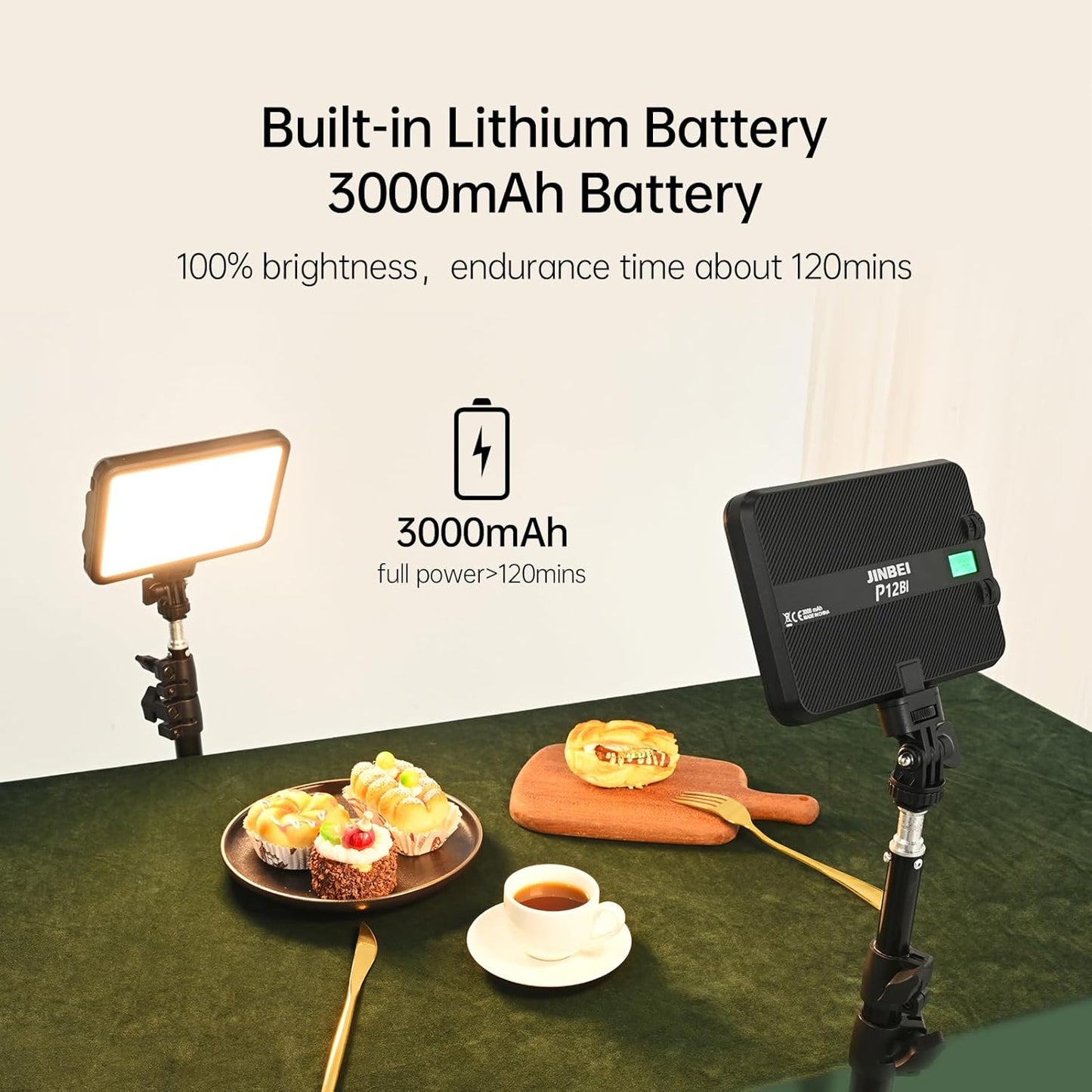 JINBEI P12BI LED Video Soft Light, 119 LEDs, 2700K-7500K, Nine Preset Effects, Studio & Camera Light with USB-C, Tripod & Mount, 2-Hour Battery Life