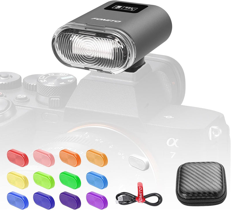 Fomito F10 / F12 Mini Flash Camare Flash, 3.7V Built-in Lithium Battery, GN10 / GN12 with 8 Levels Flash Power, CCT 5600K for Fuji, for Canon, for Nikon, for Sony, for Olympus Camera (FMT-F10-grey)