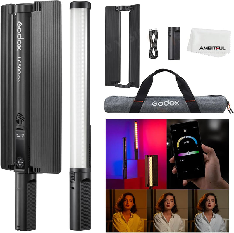 Godox LC500 Mini LED Light Stick, 2500K-8500K Adjustable, 11 FX Lighting Effects, CRI 95 TLCI 96 Accurate Color, 0-100% Dimmable Support APP Control with Carry abg