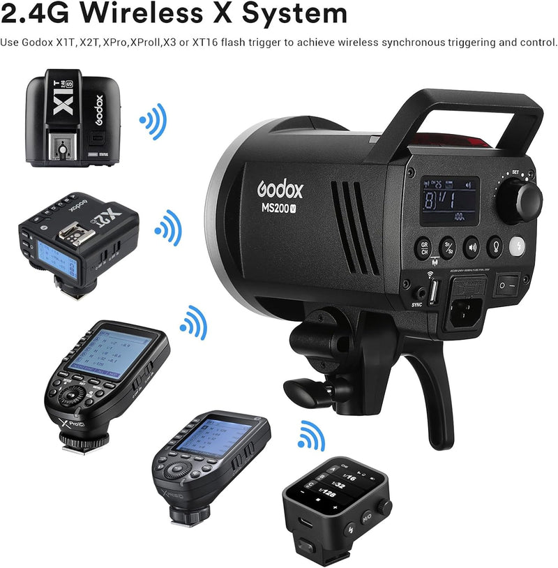 Godox MS200V MS200-V Studio Strobe Flash Light, 200W 110V 2.4G Compact Photography Flash, 10W LED Modeling Lamp, Bowens Mount Monolight for Wedding, Portrait, Product, Studio Shooting