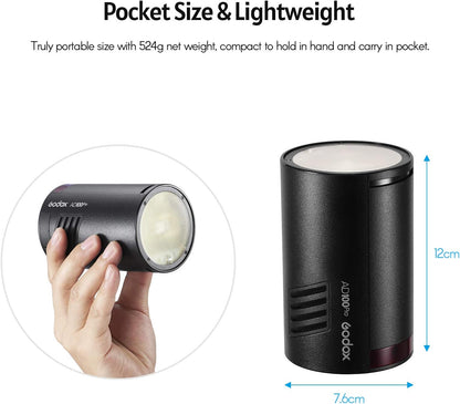 GODOX AD100Pro Pocket Studio Flash Light Photography Light OLED Screen 5800K 1/8000s Sync TTL/Multi/M Flash Built-in 2.4G Wilreless X System 5 Groups 32 Channels with Rechargeable 2600mAh Battery