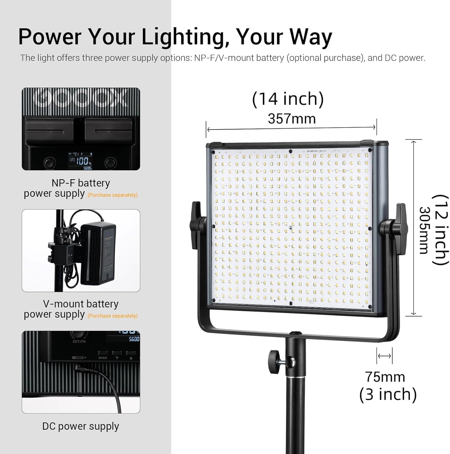 Godox LDX50Bi 14'' Bicolor LED Video Light, 65W 2800K-6500K LED Panel Light with 600 LED Beads 11 FX Effects CRI/TLCI 96+ 9200Lux Dimmable 0-100% Studio Soft Lights for Photography