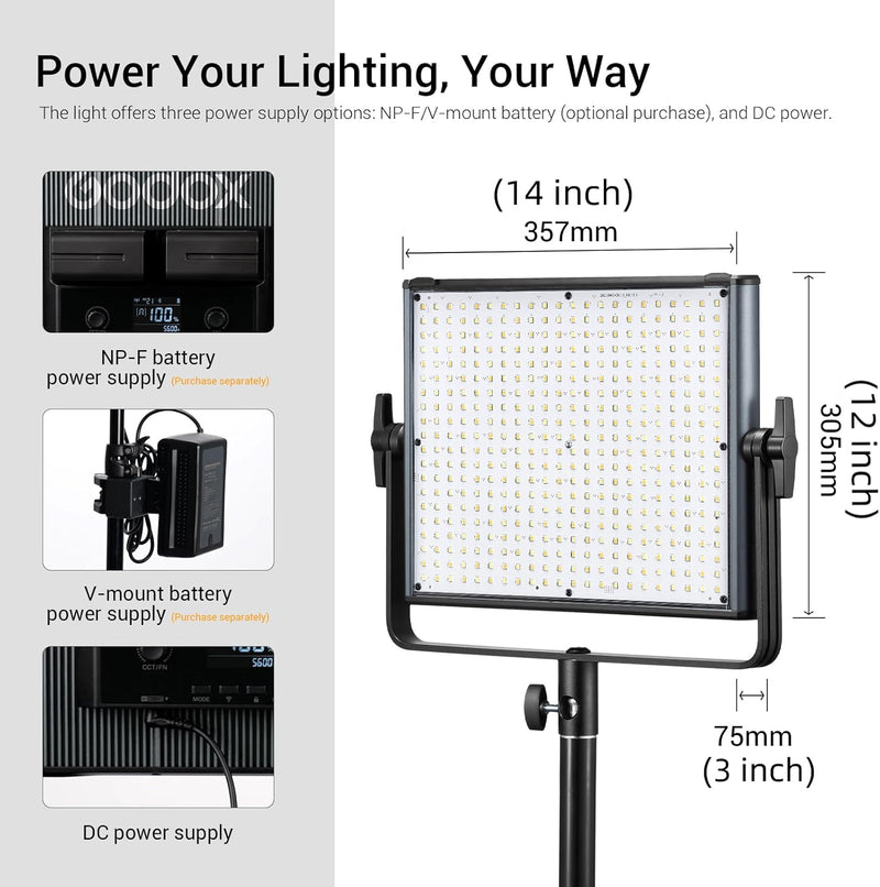 Godox LDX50Bi 14'' Bicolor LED Video Light, 65W 2800K-6500K LED Panel Light with 600 LED Beads 11 FX Effects CRI/TLCI 96+ 9200Lux Dimmable 0-100% Studio Soft Lights for Photography