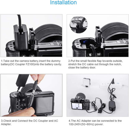 Continuous Power Supply for Sony Alpha Cameras - FZ100 AC Power Adapter with A7III Dummy Battery - Replaces BC-QZ1 - Compatible with A6600, A7IV, A7SIII, A7C, A1, FX3, A7R3, A7R IV, A9, A9R, A9S