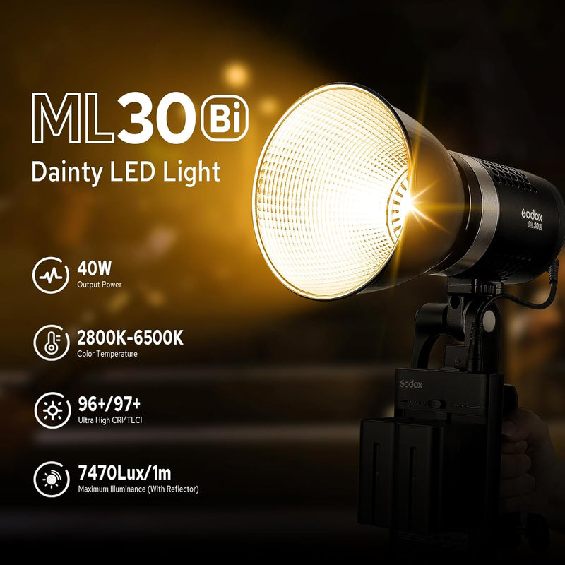 Godox ML30Bi Handheld Bi-Color LED Video Light, Portable Studio LED Continuous Light 2800K-6500K, 41000 lumens CRI 96+ TLCI 97+, 21 FX Effects, APP Control, Silent Mode, Compatible with Godox Mount