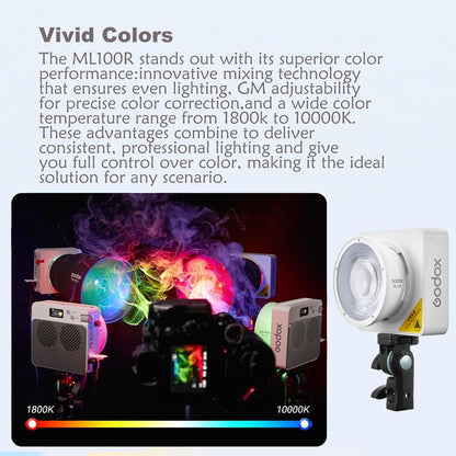 Godox ML100R RGB LED Video Light 110W CCT 1800K-10000K,App Control for Portraits Photography Lighting,YouTube/TikTok Video Recording,Filming,Live Streaming,Studio Lighting Production