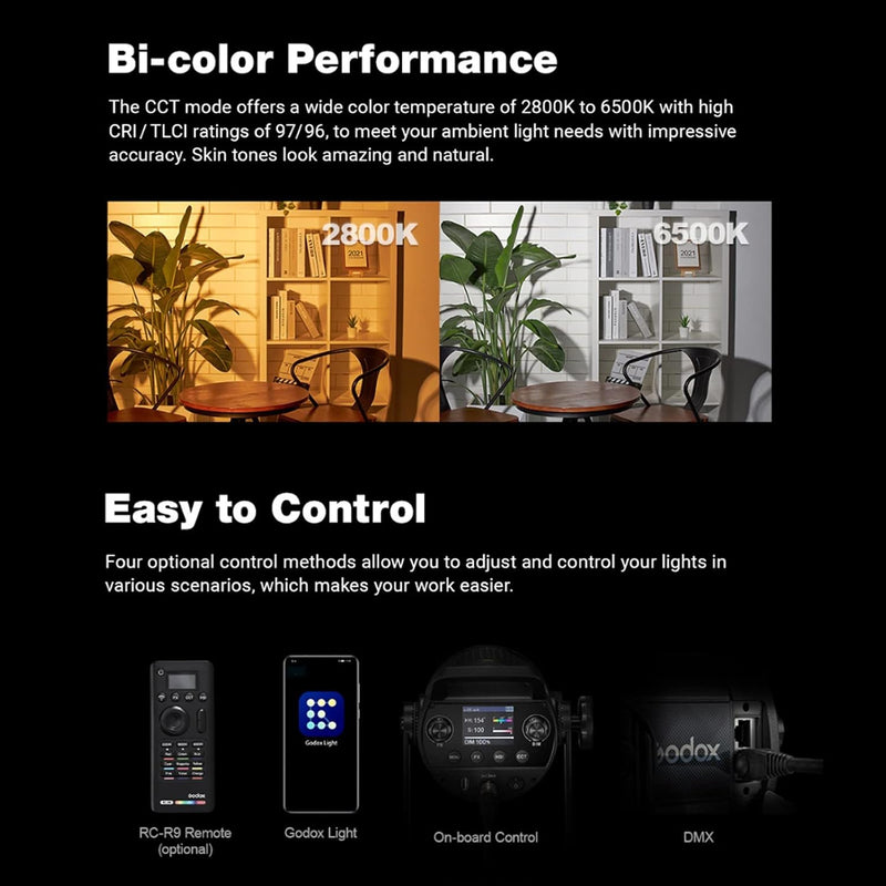 Godox SZ150R Zoom RGB Video Light, 150W LED Light CCT 2800-6500K, 37 Lighting Effects CRI 97 TLCI 96 APP Control/DMX Control Bowens Mount Light for Interview Video Shooting,Streaming