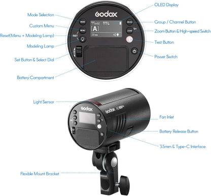 GODOX AD100Pro Pocket Studio Flash Light Photography Light OLED Screen 5800K 1/8000s Sync TTL/Multi/M Flash Built-in 2.4G Wilreless X System 5 Groups 32 Channels with Rechargeable 2600mAh Battery