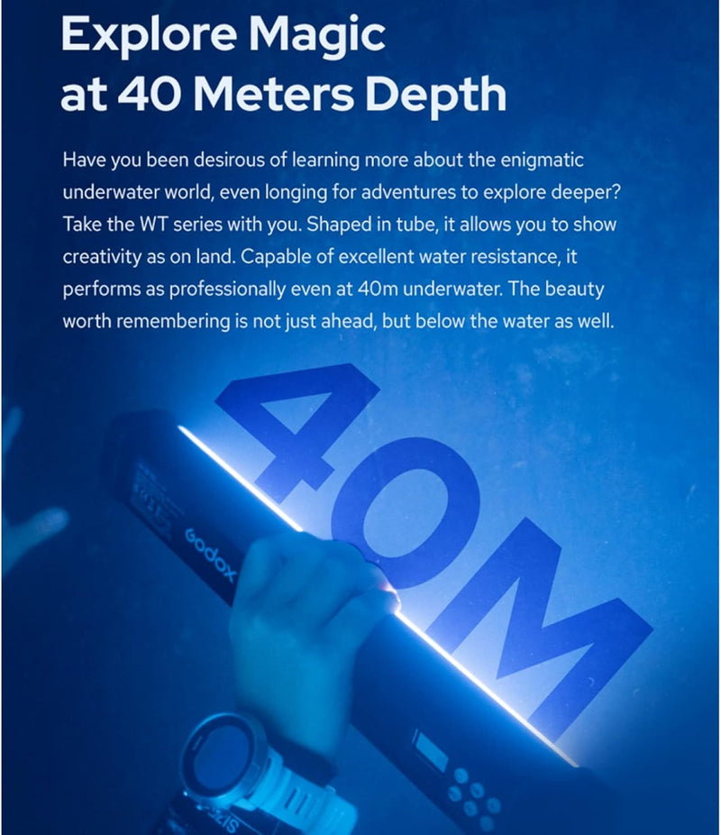 Godox WT60R 64CM RGB Dive Light Stick Waterproof Light Wand, 40m IP68 LED Video Light 37 FX Light Effects CCT 1800K-10000K TLCI≥96 CRI≥96 Bluetooth Control for Underwater Photography Videography
