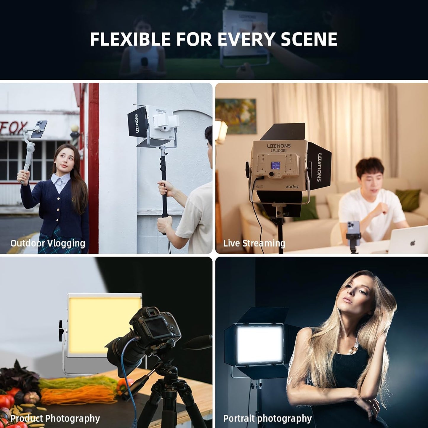 Godox LP400Bi Bicolor LED Video Light with Barndoor, 36W 2800K-6500K 6250Lux LED Panel Light with 11 FX Effects APP Control CRI/TLCI 96+ Dimmable 0-100% Studio Soft Light for Videography