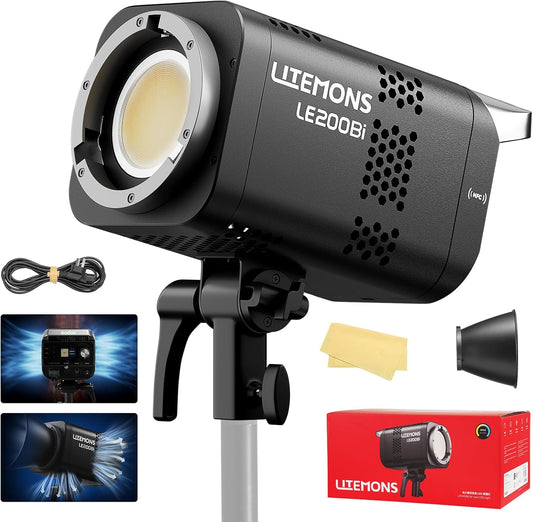 Godox COB LED Video Light, Godox LE200Bi 220W Litemons Bi-Color Professional Bowens Mount LED Continuous Light CRI/TLCI 98+ 57700 Lux@1m APP DMX Control Ultra Quiet for Video Recording