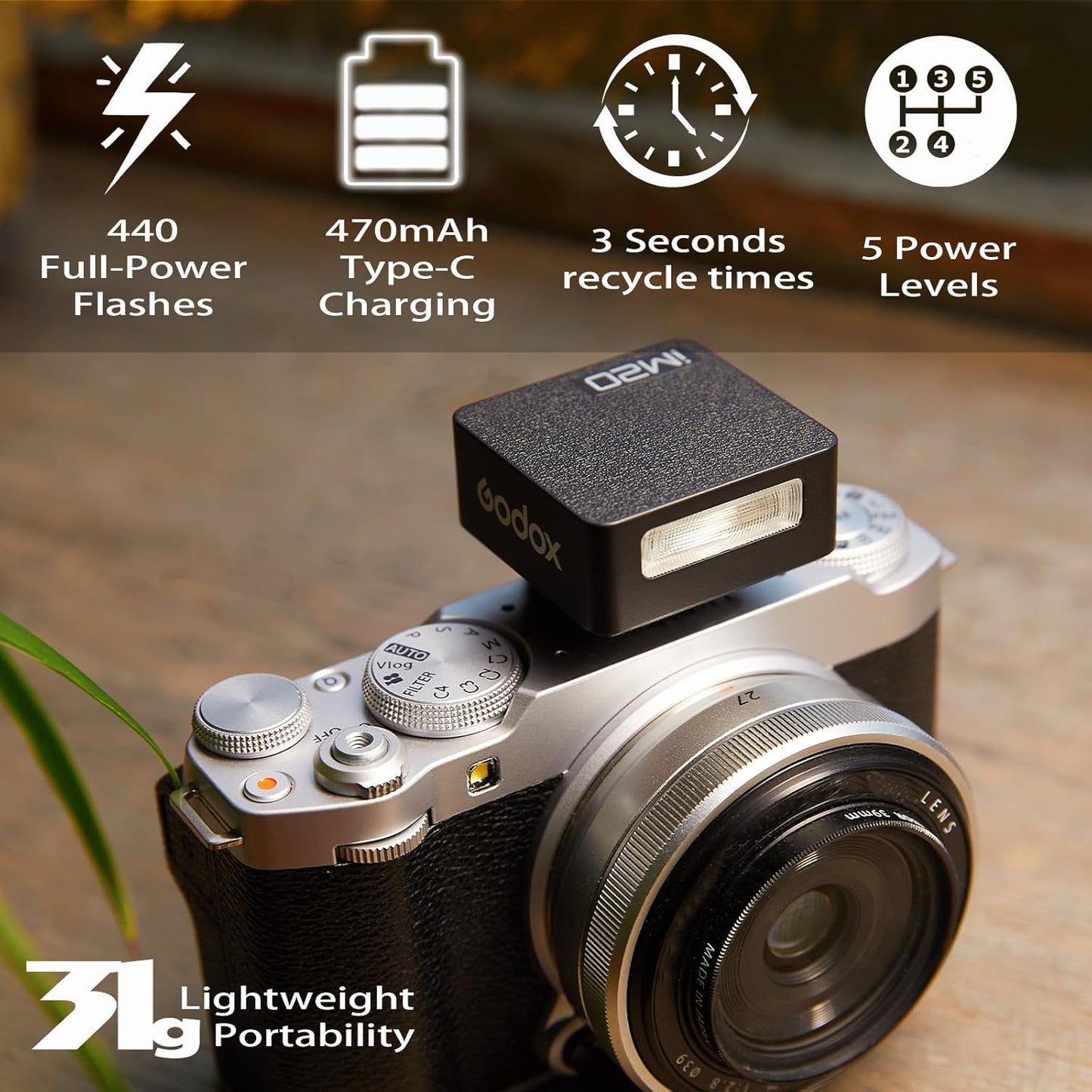 Godox Flash Godox iM20 Camera Flash - GN10/470 mAh/Type-c Charge/440 Full-Power Flashes/3s Recycle Times/5 Power Levels/Manual, Camera Flash for Sony zve10/Sony zv1/Sony a7iii/Fujifilm f1 etc.