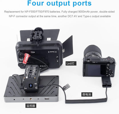 FOMITO Multifunctional NP-F Battery, Supports DC 7.4V 6A (Max) / Type-C 5-20V 27WV (Max) / Dual-Port NP-F Interface Output, Applicable to Monitors, LED Lights, Cameras etc