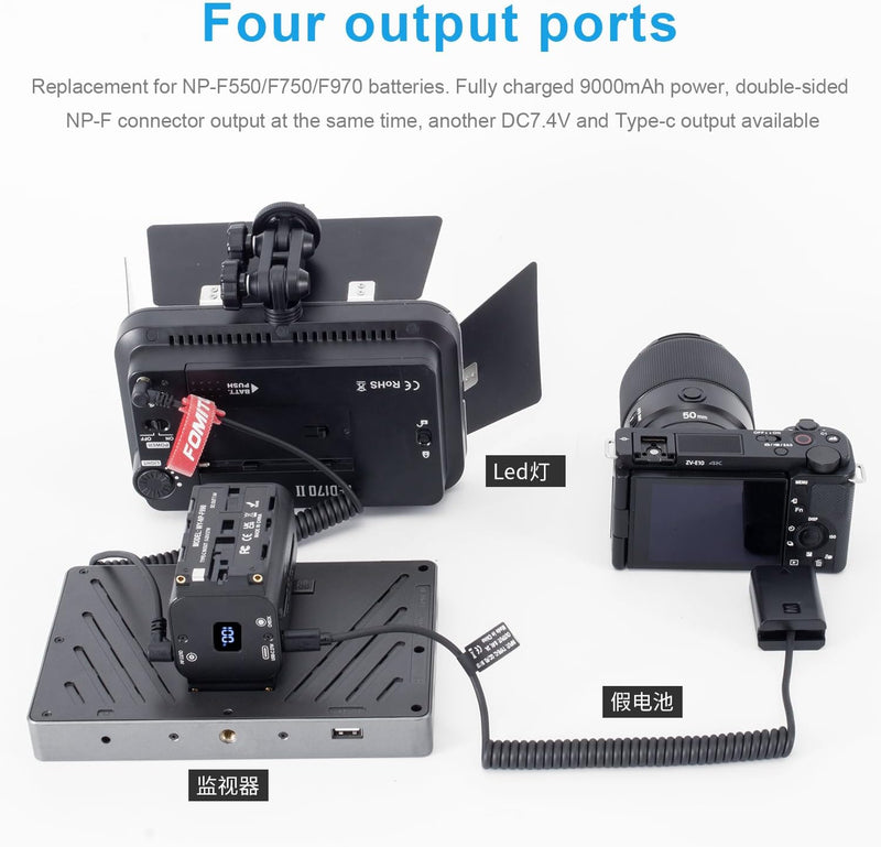 FOMITO Multifunctional NP-F Battery, Supports DC 7.4V 6A (Max) / Type-C 5-20V 27WV (Max) / Dual-Port NP-F Interface Output, Applicable to Monitors, LED Lights, Cameras etc