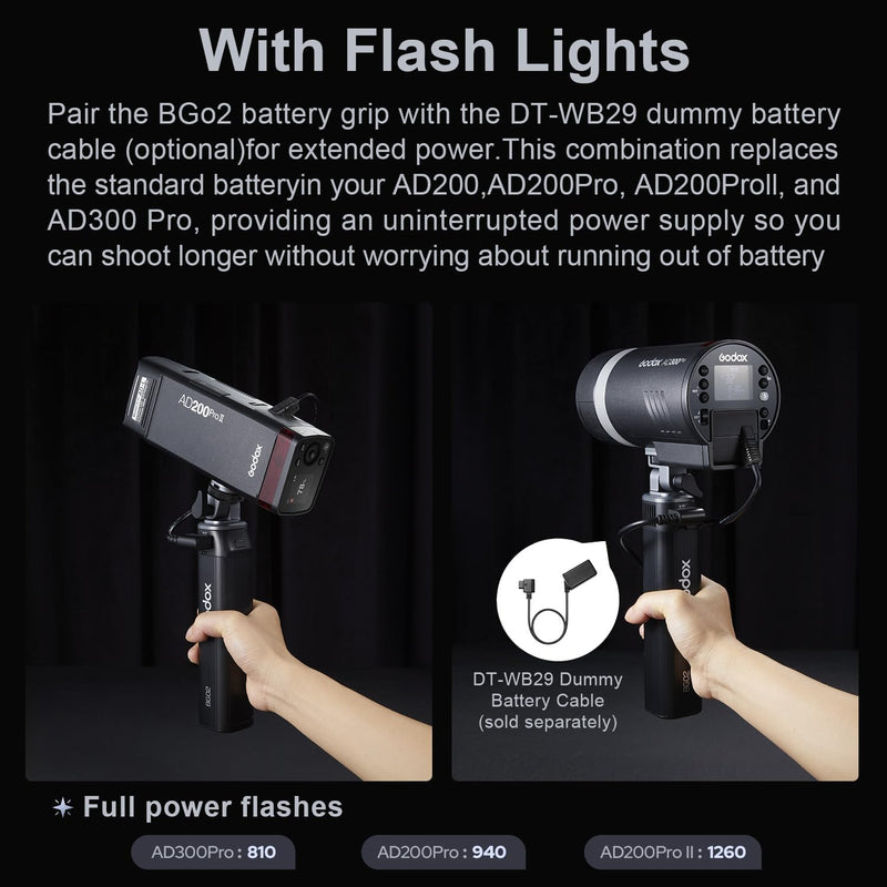 Godox Battery Grip BG02 with D-Tap and USB-C Cable for Flash Light and LED Video Light,95Wh Power Handgrip for AD200 AD200pro II AD300pro ML100Bi ML60Bi FH50Bi FH50R and Other Photography Studio Light
