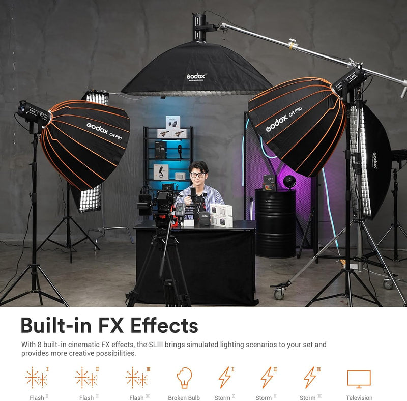 Godox SL200III Daylight LED Video Light, 200W 95600Lux @1M CRI 96+TLCI 97+ Bowens Mount LED Continuous Light, Professional Studio Light with 8 FX Effects&Silent Mode&RC-A6 Remote