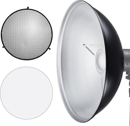 JINBEI 15.7"/40cm Aluminum Standard Reflector Beauty Dish with White Diffuser & Honeycomb, Bowens Mount Studio Strobe Flash Light