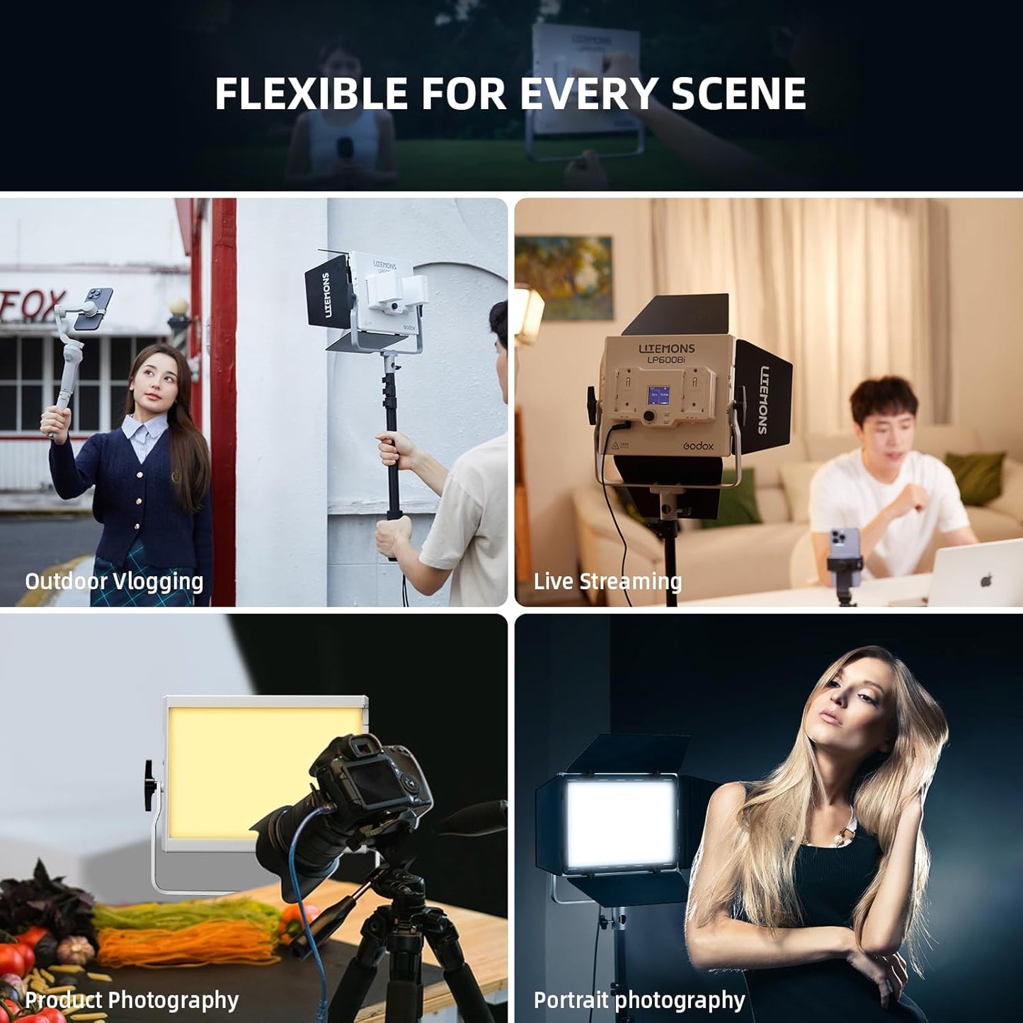 Godox LP600Bi Bicolor LED Video Light with Barndoor, 60W 2800K-6500K 9020Lux LED Panel Light with 11 FX Effects APP Control CRI/TLCI 96+ Dimmable 0-100% Studio Soft Light for Photography