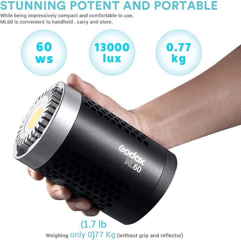 Godox ML60 Handheld LED Video Light, 60W 69000LUX Daylight Studio LED Light 5600K Portable LED Light, CRI 96+ 8 FX Effects Professional LED Light with Silent Mode