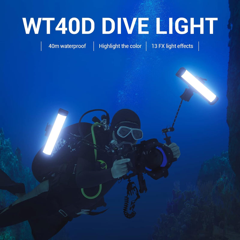 Godox WT40D Underwater Lights Dive Light,Max 54W,CRI 96+ TLCl 96+,CCT 5600K±300K,13 FX Effects,APP Control,0%~100%Dimmable lP68/40m Dive Depth LED Video Light,for Vlogging,Scuba Diving,Snorkel,Surfing