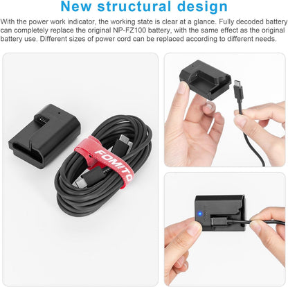 FOMITO-NP-FZ100 Dummy Battery Decoded NP-FZ100 FZ100 Battery Replacement with Type-C Straight Line 3M Power Adapter Cable for Sony A9M2 ILCE-9 A1 A7M3 A7S3 A7R3 A7R5 A7C2 A7CR A6600 A6700 FX30 Cameras-F0100