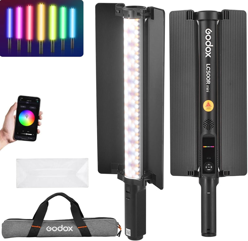 Godox LC500R Mini Handheld RGB Tube Light, 2500K-8500K RGB Stick Light with Barndoor&Soft Diffuseur, 20W 360°Full Color CRI 96+ 15 FX Effects LED Light Wand with Godox APP Control