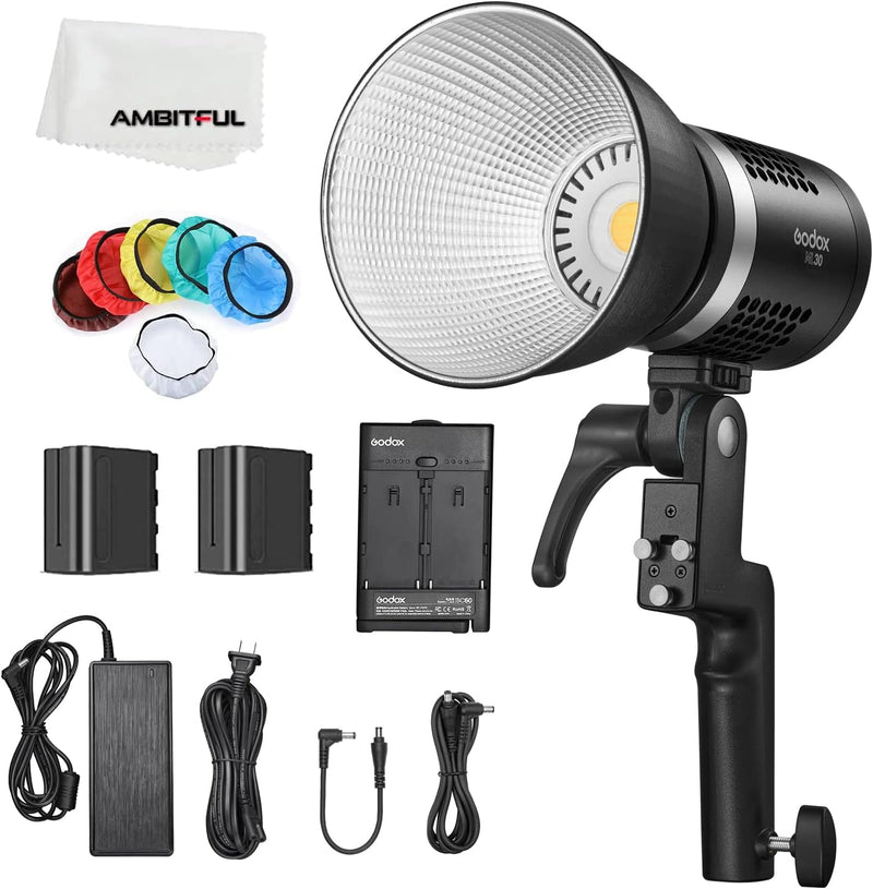 Godox ML30 LED Light, Portable Handheld LED Video Light,5600K CRI 96+ TLCI 97+, 12 Lighting Effects, APP Control,Silent Mode, with 2X NP-F970 Battery