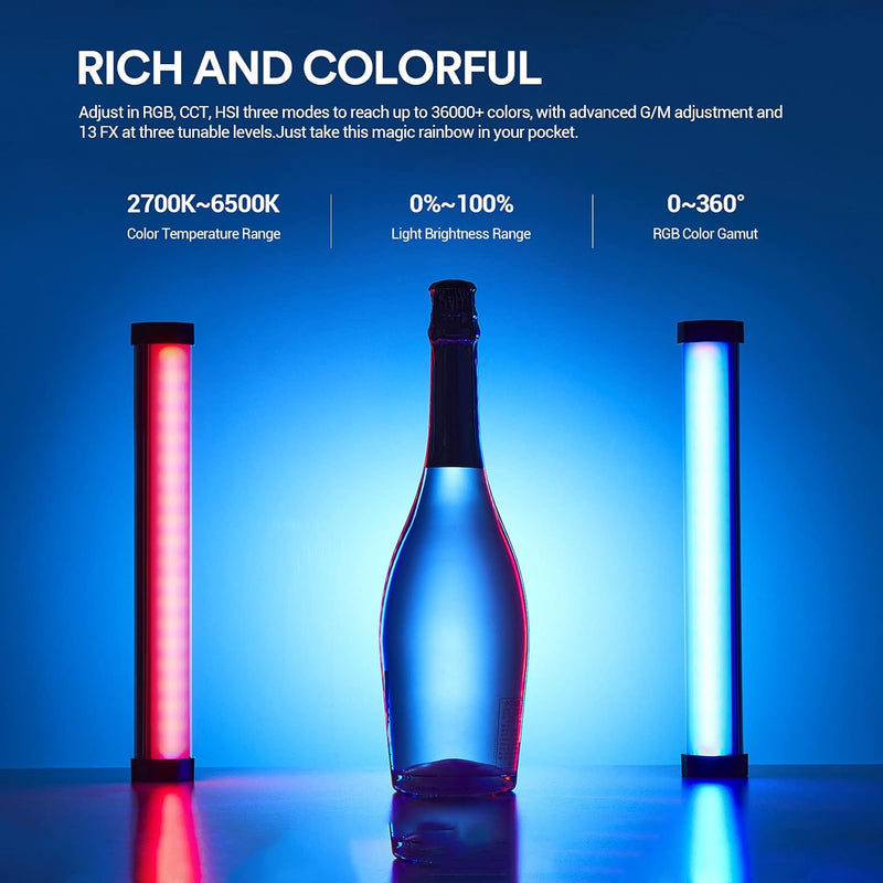 TL30 RGB Tube Light, CRI 97+ TLCI 99+ Handheld Full Color LED Video Light Wand, 2700K-6500K Dimmable LED Light Stick, 37 FX Light Effects, 2900mAh Battery, Bluetooth APP Control