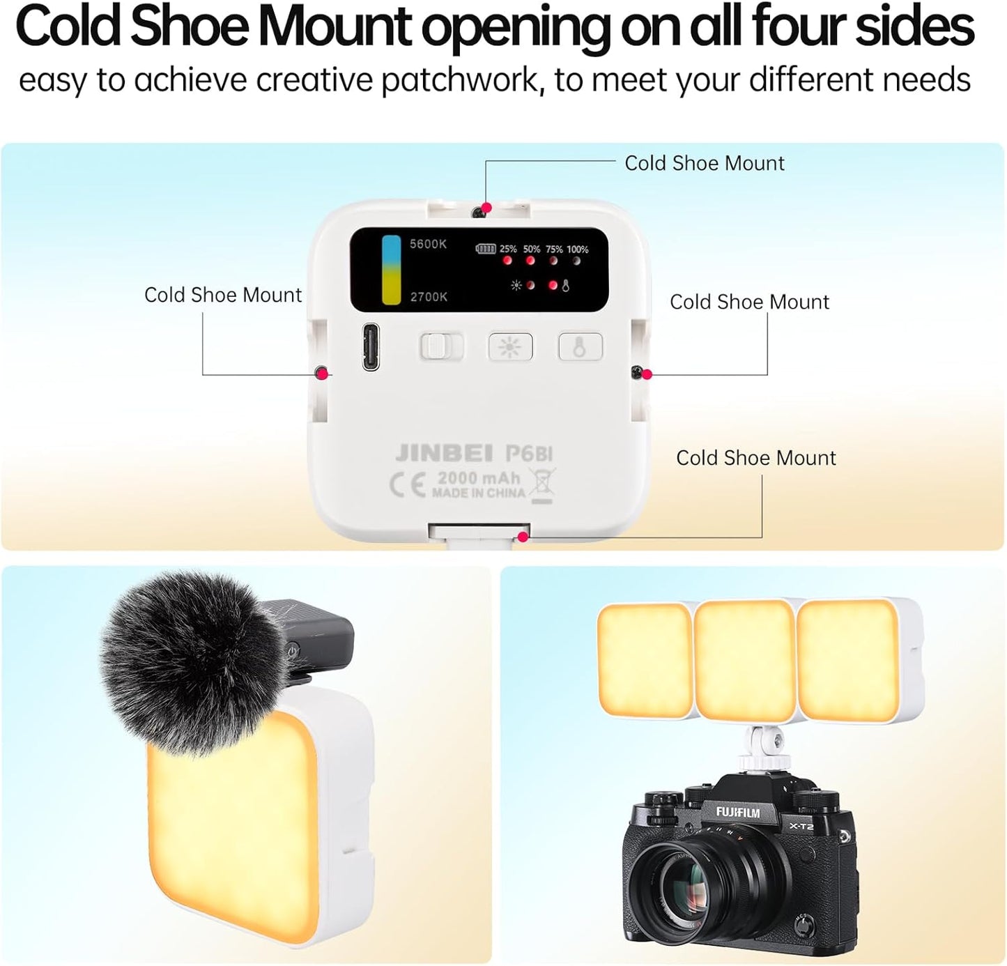 JINBEI P6 Bi-Color Mini Video Light LED Camera Light 2700K-7500K with 4 Cold Shoe Mount CRI 95+ 2000mAh Rechargeable Portable Photography Lighting for Vlog Live Streaming （White）