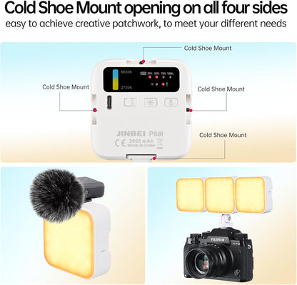 JINBEI P6 Bi-Color Mini Video Light LED Camera Light 2700K-7500K with 4 Cold Shoe Mount CRI 95+ 2000mAh Rechargeable Portable Photography Lighting for Vlog Live Streaming （White）
