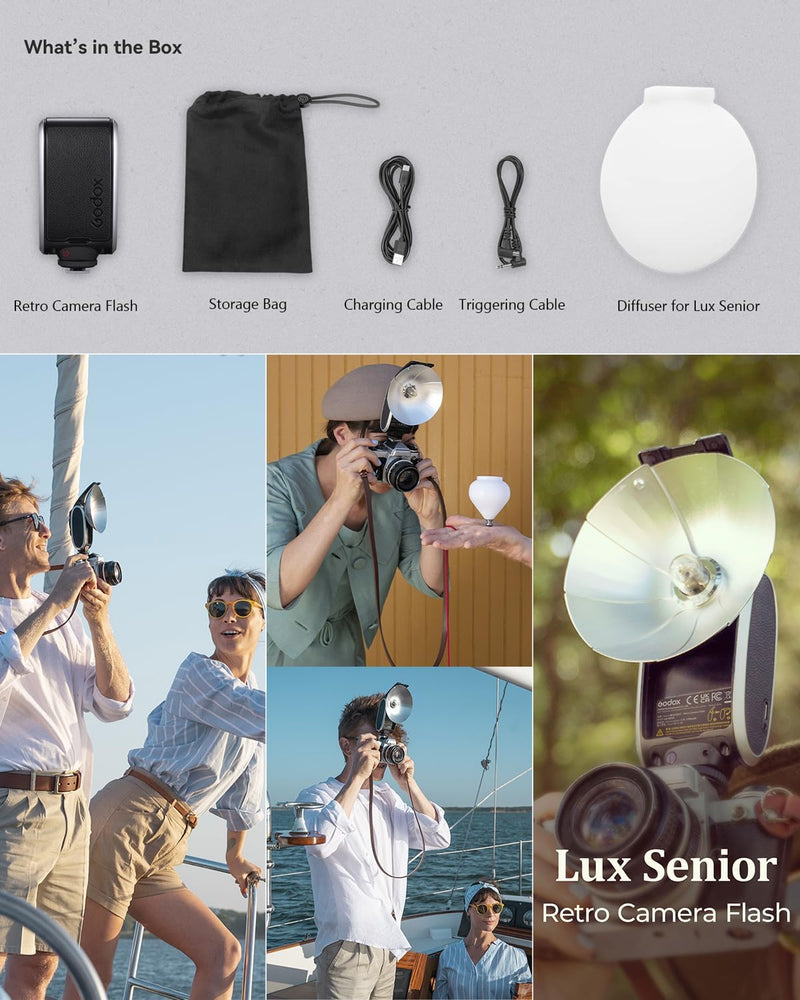 Godox Lux Senior Retro Camera Flash kit with Diffuser, GN14 1700mAh 6000K±200K CCT, Automatic & Manual Modes 1/1-1/64 Flash Power, 28mm Focal Length Foldable for Canon Sony Nikon Fuji Olympus Cameras