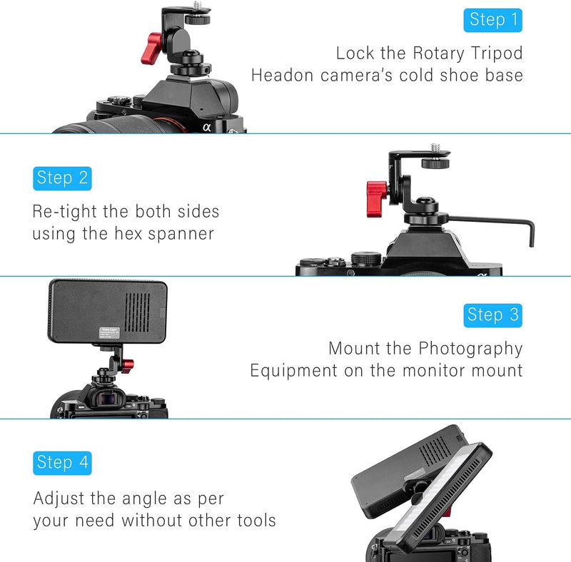 Fomito Rotary Tripod Head Z2 Camera Monitor Holder Mount Arm Hot Shoe Adapter for Flash Speedlite, Field Monitor, LED Video Light, Microphone