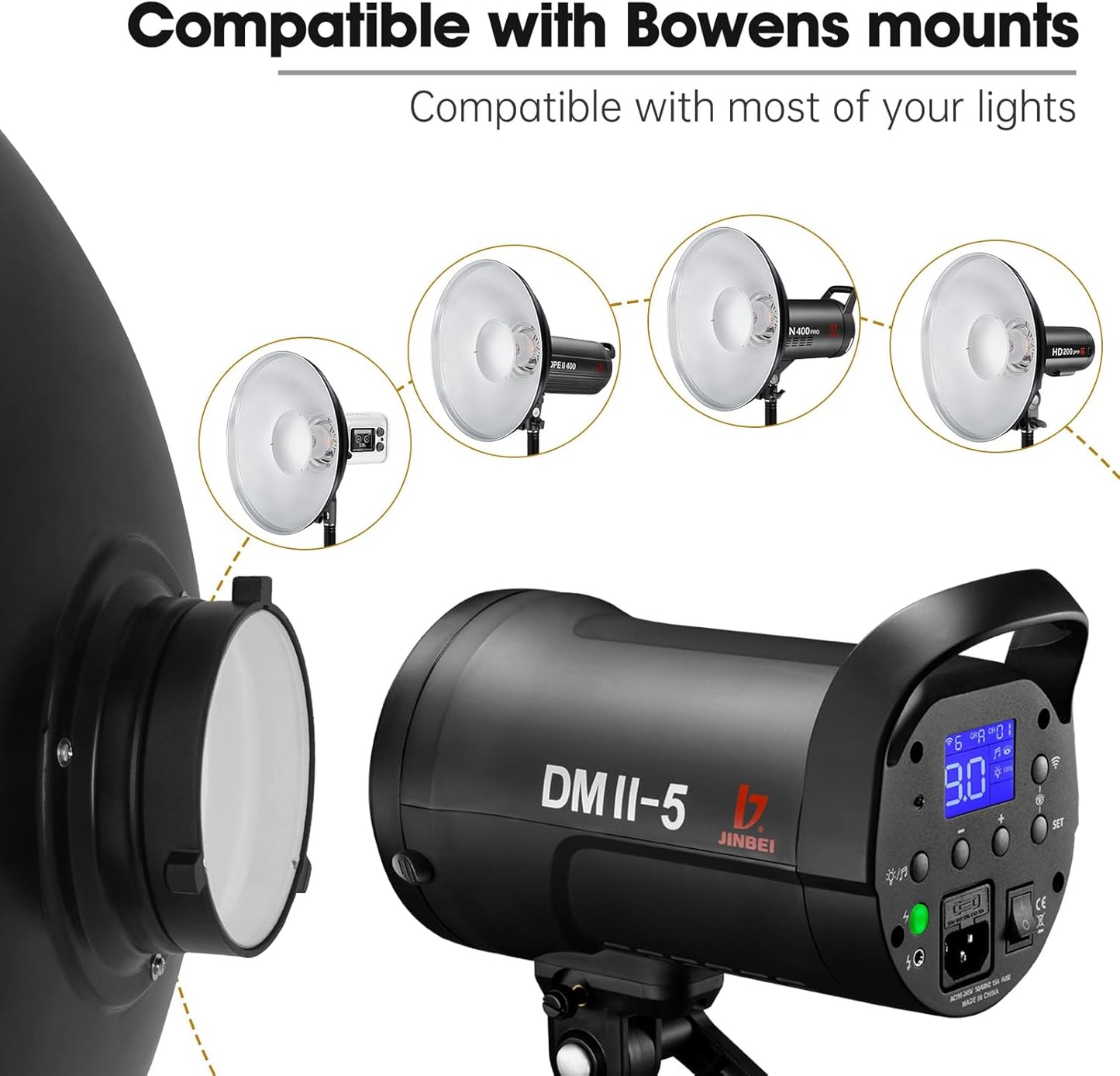 JINBEI 15.7"/40cm Aluminum Standard Reflector Beauty Dish with White Diffuser & Honeycomb, Bowens Mount Studio Strobe Flash Light
