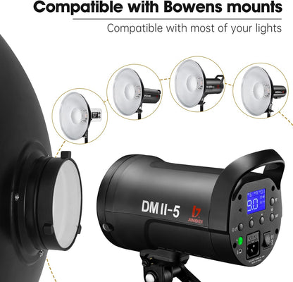 JINBEI 15.7"/40cm Aluminum Standard Reflector Beauty Dish with White Diffuser & Honeycomb, Bowens Mount Studio Strobe Flash Light