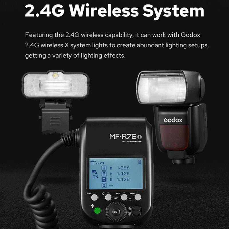 Godox MF-R76N TTL Macro Ring Flash 76Ws HSS 2.4G Wireless GN14 CCT 5900K 550 Full-Power Flashes, 0.1-1s Recycle Time Dual-Flash Tubes Speedlight for Nikon Cameras for Animal, Plant Photography, etc
