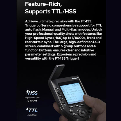 GODOX FT433-C HSS TTL Wireless Flash Trigger for Canon Cameras,433 MHz Signal Control,TCM Switch,Hot Shoe,Single-Contact, Rapid-Fire