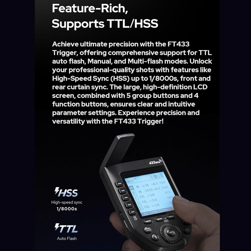 GODOX FT433-C HSS TTL Wireless Flash Trigger for Canon Cameras,433 MHz Signal Control,TCM Switch,Hot Shoe,Single-Contact, Rapid-Fire
