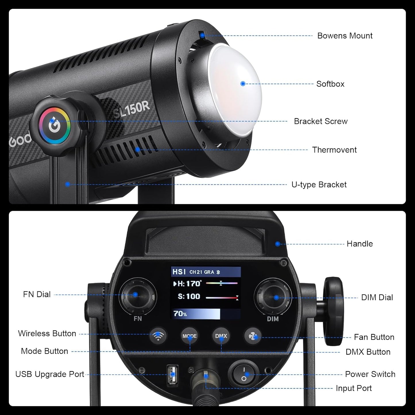 Godox SL150R 165W RGB LED Video Light 5600K@1m CRI≥96,TLCI≥96 14 FX Bowens Mount Silent Continuous Output Lighting APP/2.4G Control 360° Full 60 Gels for Video Recording Photography