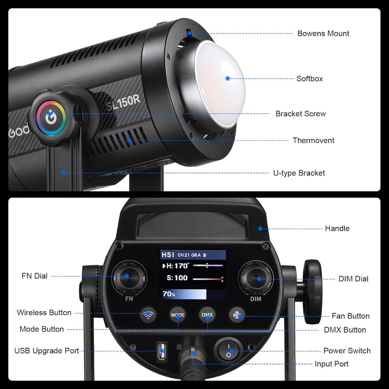 Godox SL150R 165W RGB LED Video Light 5600K@1m CRI≥96,TLCI≥96 14 FX Bowens Mount Silent Continuous Output Lighting APP/2.4G Control 360° Full 60 Gels for Video Recording Photography