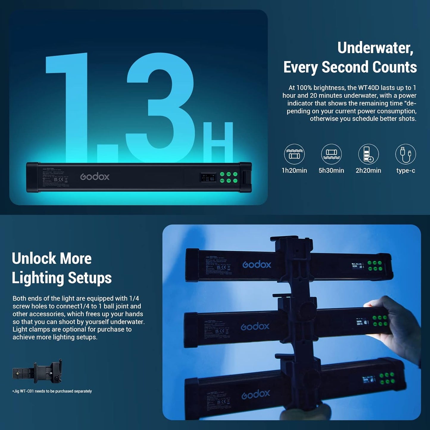 Godox WT40D Underwater Lights Dive Light,Max 54W,CRI 96+ TLCl 96+,CCT 5600K±300K,13 FX Effects,APP Control,0%~100%Dimmable lP68/40m Dive Depth LED Video Light,for Vlogging,Scuba Diving,Snorkel,Surfing