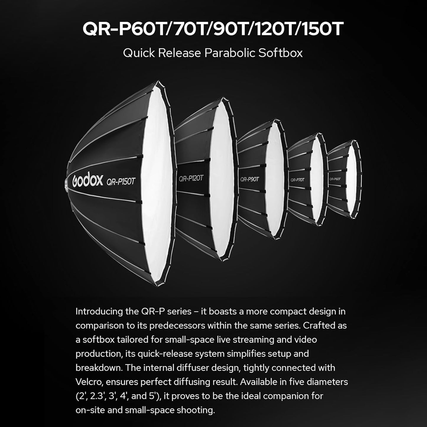 Godox QR-P60T 60cm/23.6in Quick Release Parabolic Softbox Professional Foldable Softbox with Standard Bowen Mount & Diffusers for Photography Studio Photography (60cm/59in Softbox)