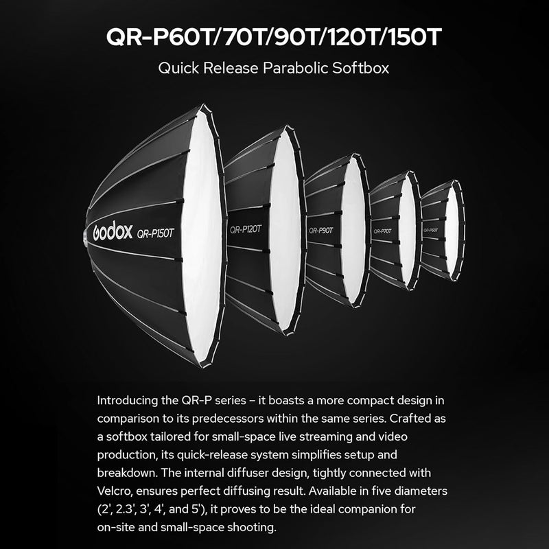 Godox QR-P60T 60cm/23.6in Quick Release Parabolic Softbox Professional Foldable Softbox with Standard Bowen Mount & Diffusers for Photography Studio Photography (60cm/59in Softbox)